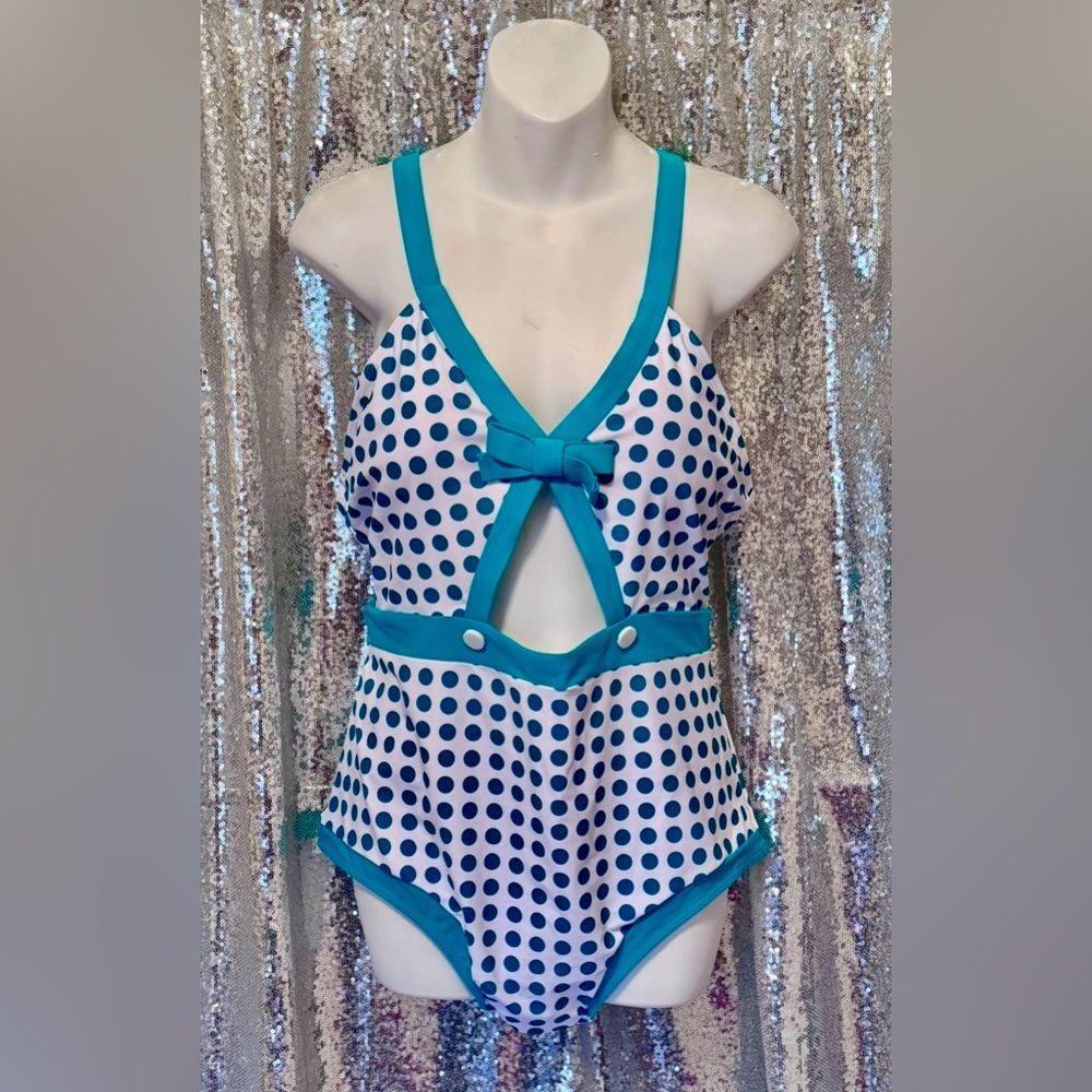 Polka Dot women’s One Piece Swimsuit - Blue and White Retro Stage XXL 14